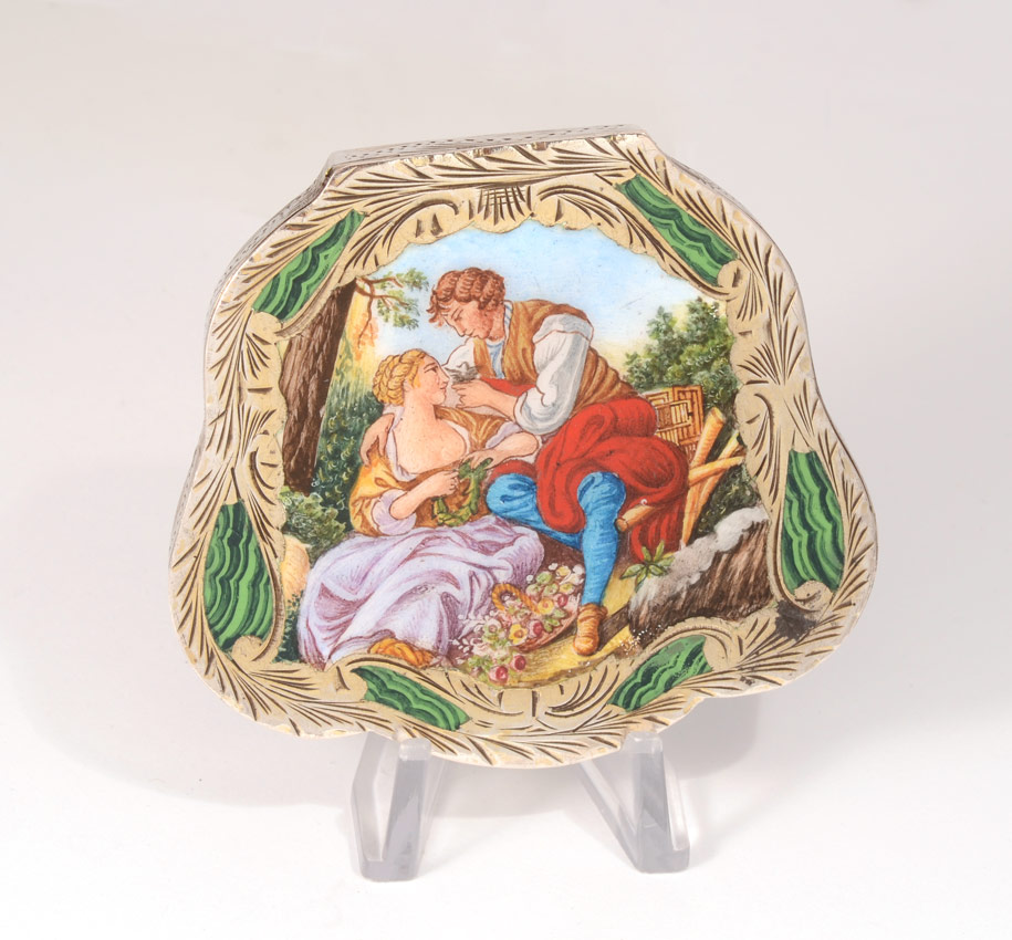 Appraisal: ITALIAN ENAMEL SILVER COMPACT Engraved case with enamel lovers in