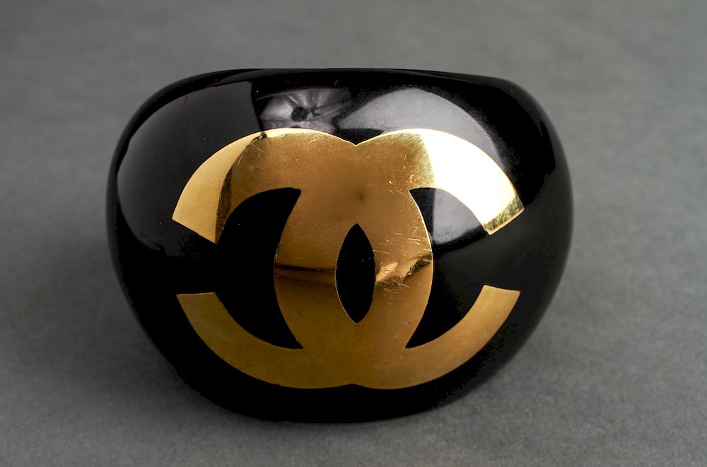 Appraisal: Chanel Runway Resin Cuff Bracelet w Gold-Tone Logo Chanel rare