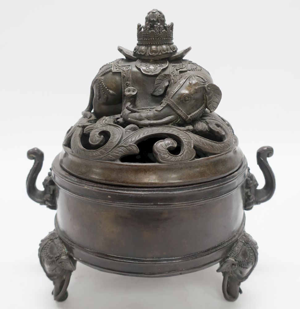 Appraisal: Chinese Bronze Censer The pierced cover with reclining elephant Signed