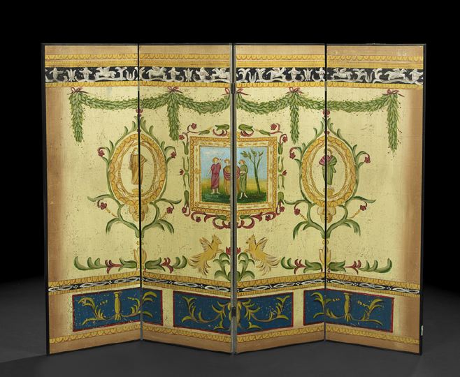 Appraisal: Restauration-Style Polychromed Four-Fold Screen early th century featuring classically robed