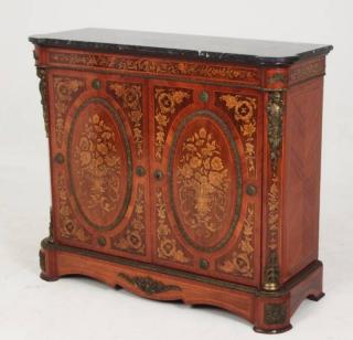 Appraisal: FRENCH STYLE MARQUETRY INLAID MARBLE TOP CABINET FRENCH STYLE BRONZE