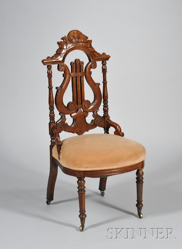 Appraisal: Victorian Upholstered Carved Walnut Lyre-back Side Chair