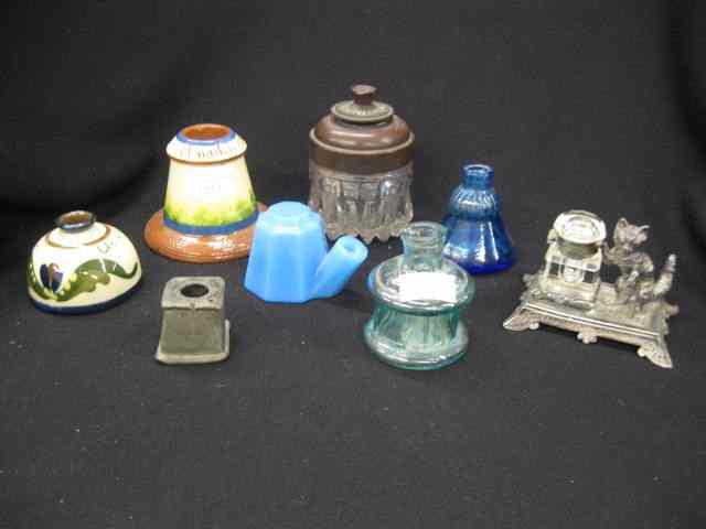 Appraisal: pc Collection of Inkwells Bottles includes figural kitten by James