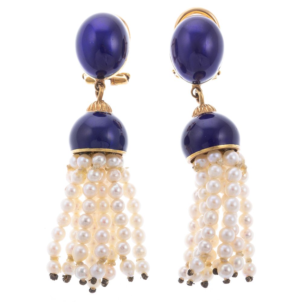 Appraisal: A Pair of K Enamel Pearl Tassel Earrings K yellow