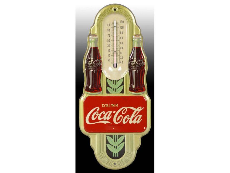 Appraisal: Embossed Tin Coca-Cola Double Bottle Thermome Description '' x -