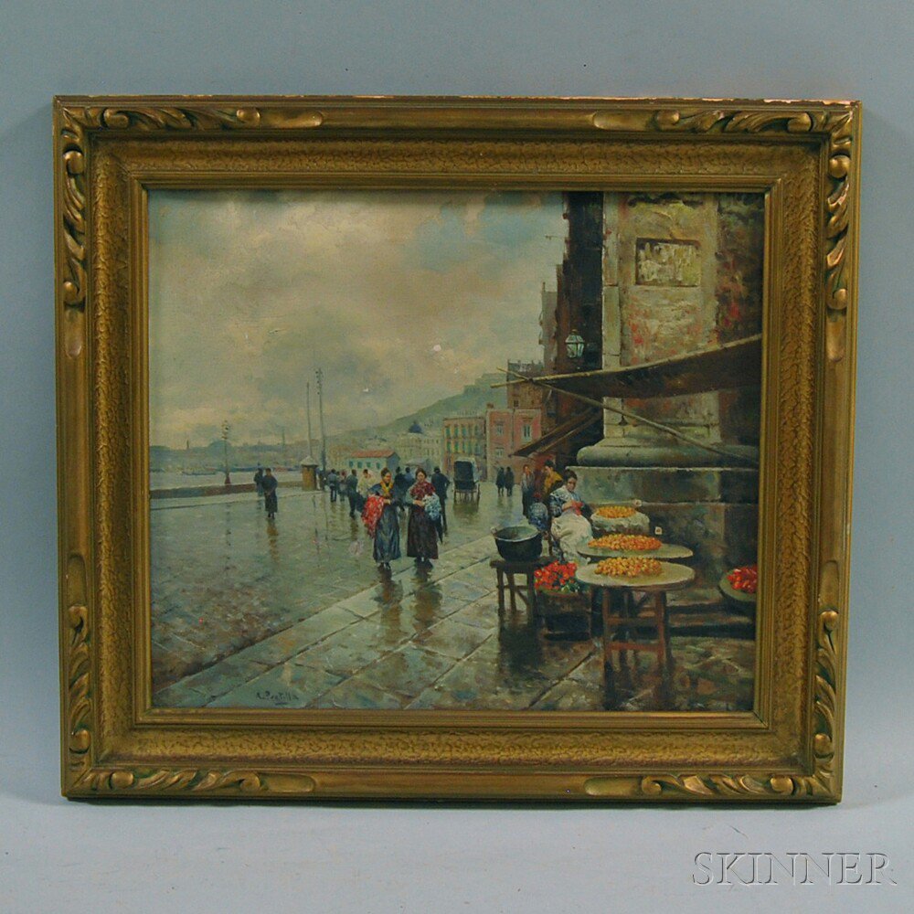 Appraisal: Attilio Pratella Italian - Rainy Day Coastal Market Town Signed