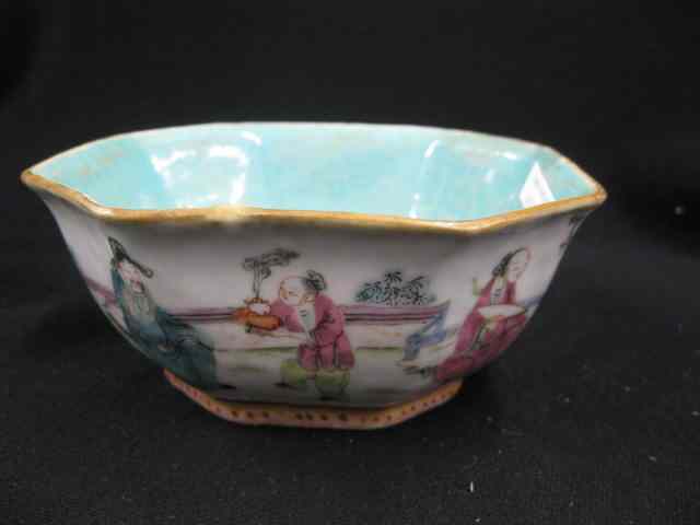 Appraisal: Chinese Porcelain Octoganal Bowlwith figures around outside '' diameter ''