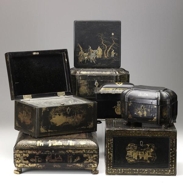 Appraisal: ENGLISH LACQUER Seven boxes including five tea caddies with pewter