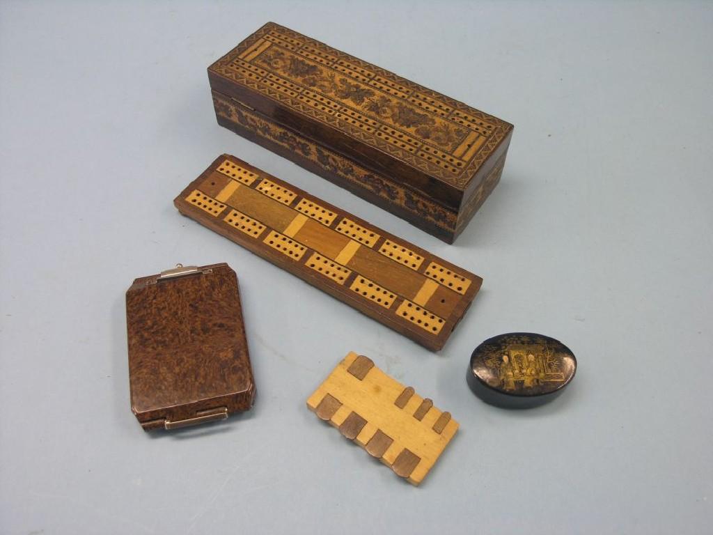 Appraisal: A th century Tunbridge ware games box with cribbage-board top