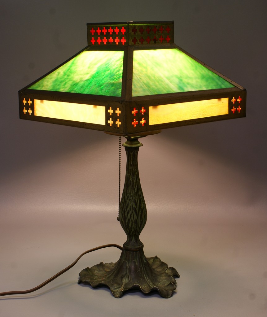 Appraisal: Arts Crafts stained glass table lamp green and cream shade