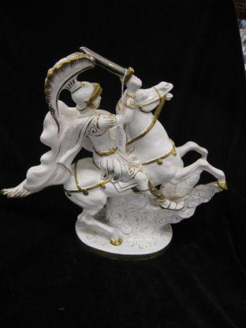 Appraisal: Italian Art Pottery Figurine of Warrior on horseback gold on