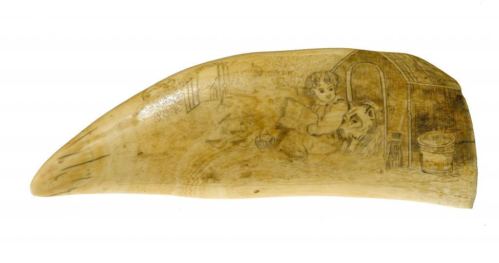 Appraisal: SCRIMSHAW A WHALE'S TOOTH decorated with a child seated at