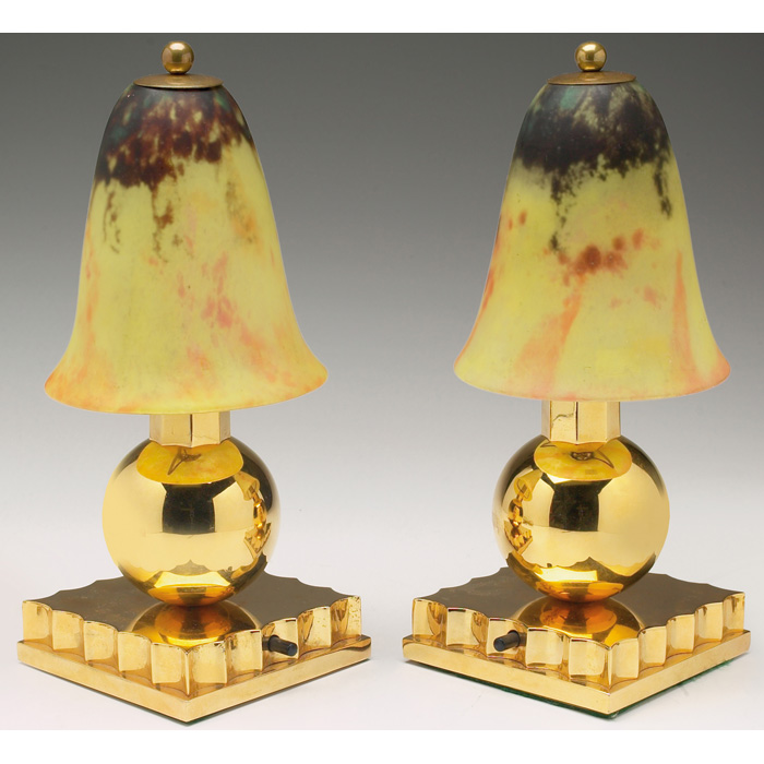 Appraisal: Daum table lamps pair c gray glass shades internally mottled