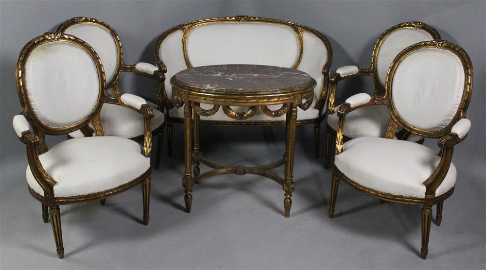 Appraisal: LOUIS XVI STYLE GILTWOOD SIX-PIECE SALON SUITE comprising a canape