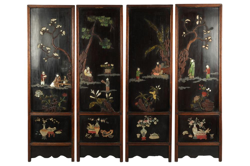 Appraisal: FOUR CHINESE CARVED HARDWOOD COROMANDEL INLAID PANELSProvenance The Estate of