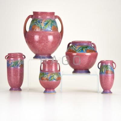 Appraisal: ROSEVILLE Five Pink Baneda vases One marked Largest x dia