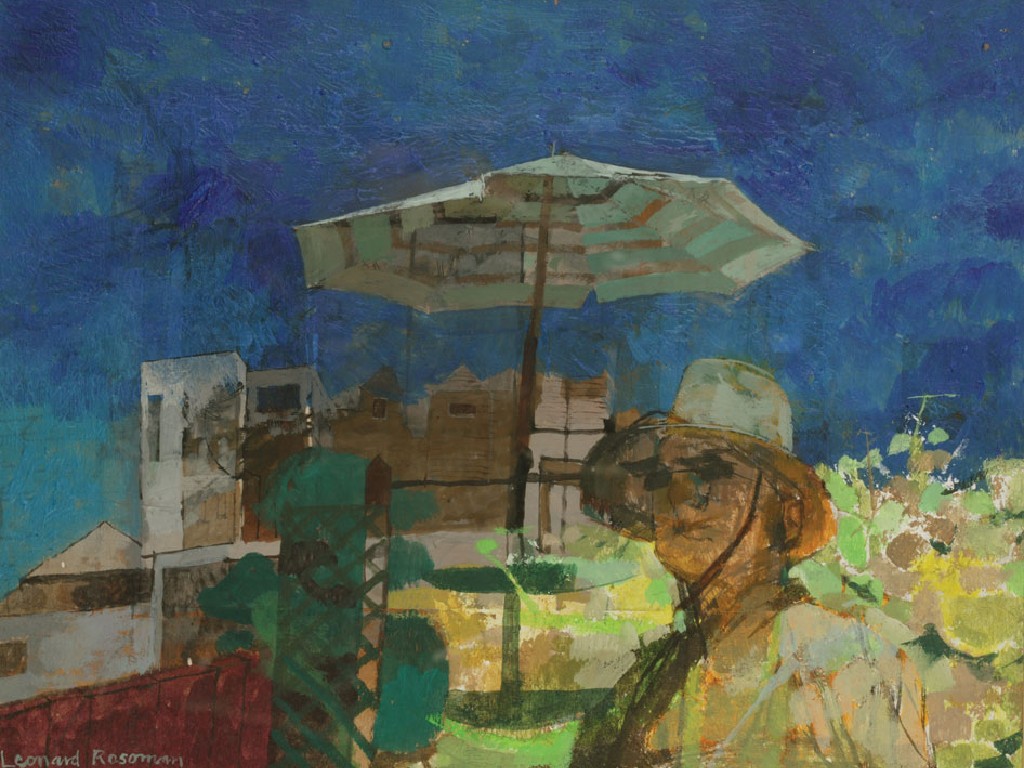 Appraisal: LEONARD ROSOMAN A man with a parasol and buildings beyond