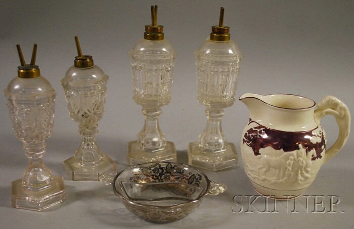 Appraisal: Four Sandwich Glass Fluid Lamps a Wedgwood Pink Lustre Jug