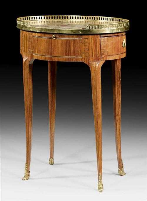 Appraisal: OVAL GUERIDON Louis XV Paris circa Tulipwood and rosewood veneer