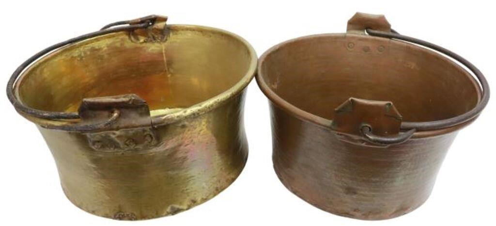 Appraisal: lot of Large copper and brass jelly pans cauldron pots