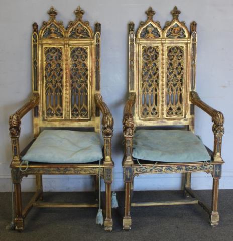 Appraisal: Pair of Gilded and Polychrome Gothic RevivalArmchairs From a Stamford