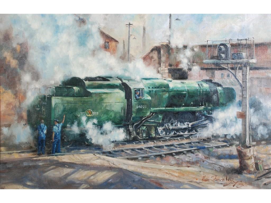 Appraisal: ALAN FEARNLEY twentieth century OIL PAINTING ON CANVAS Shunting yard