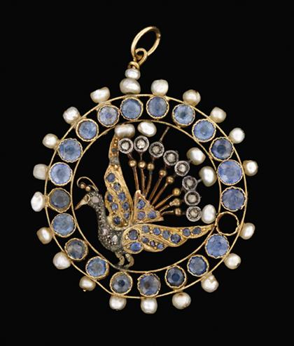 Appraisal: Yellow gold sapphire and seed pearl peacock pendant georgian Crude