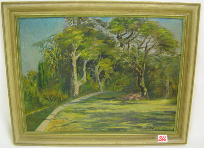 Appraisal: CALIFORNIA OREGON SCHOOL OIL ON ACADEMY BOARD Landscape with eucalyptus