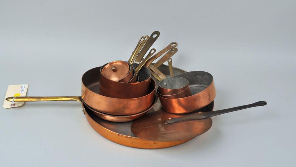 Appraisal: Collection Eleven Vintage Copper Pots Pans and a metal shelf