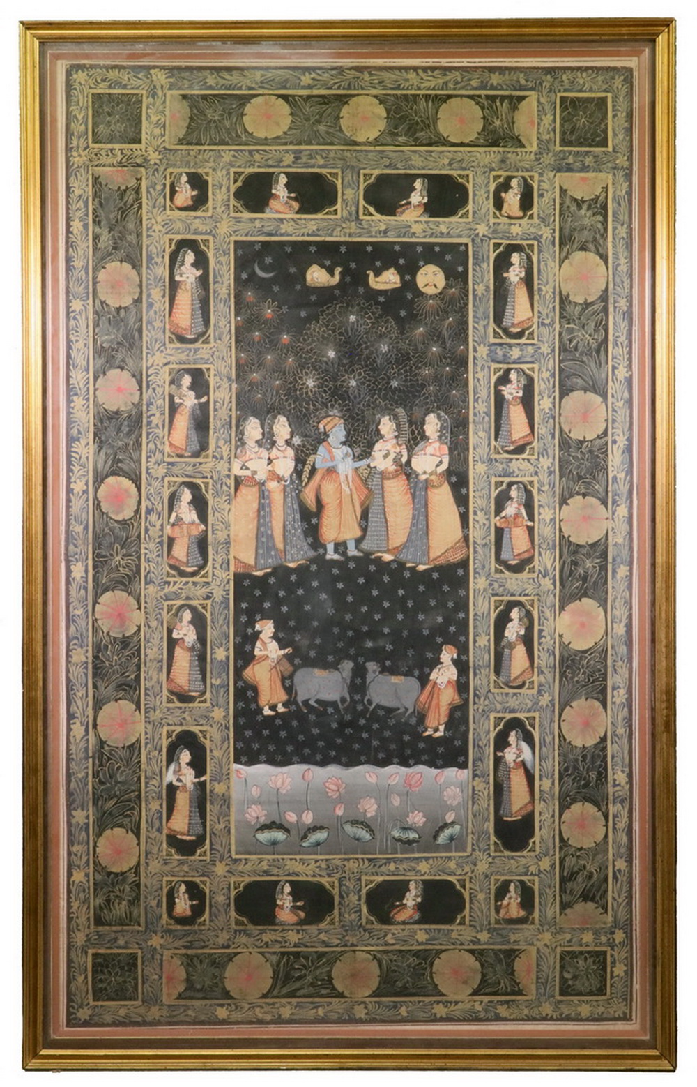 Appraisal: LARGE INDIAN PAINTING ON CLOTH Narrative of a Deity surrounded