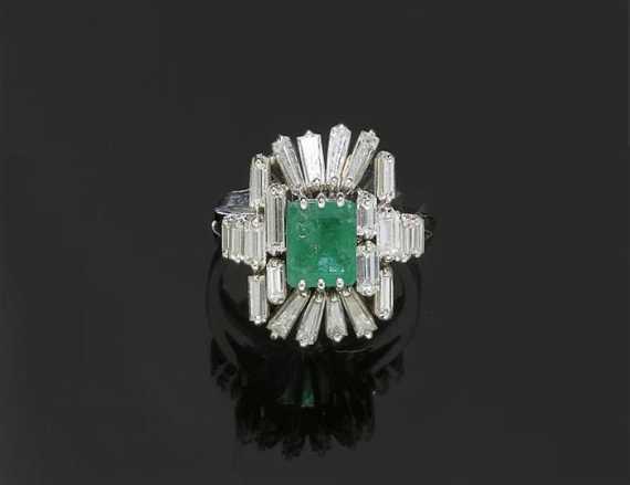 Appraisal: EMERALD AND DIAMOND RING ca White gold Classic-elegant ring the