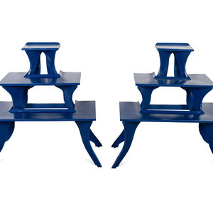 Appraisal: A Pair of Blue-Painted Three Tier Side Tables TH ST