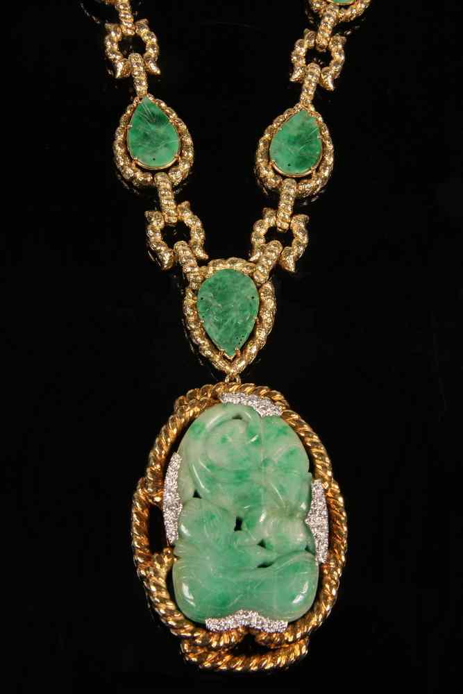 Appraisal: NECKLACE - Rare Custom Made K Yellow Gold Carved Jade