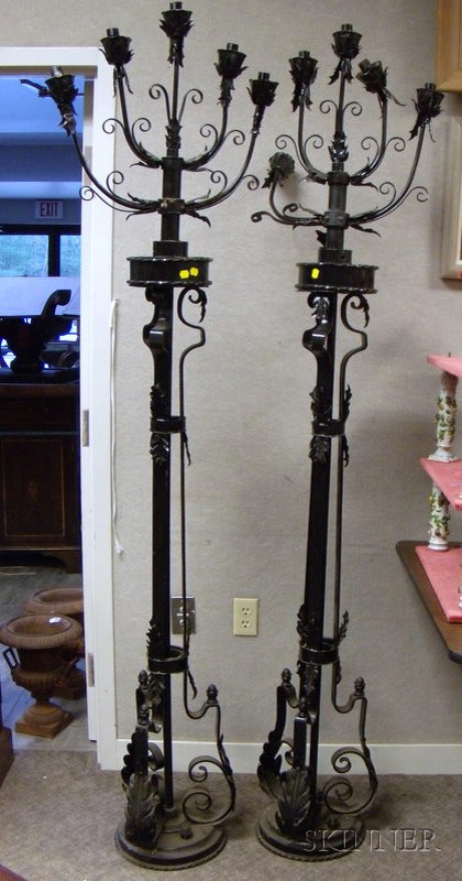 Appraisal: Pair of Black-painted Renaissance-style Wrought Iron Floor Torchieres electrified