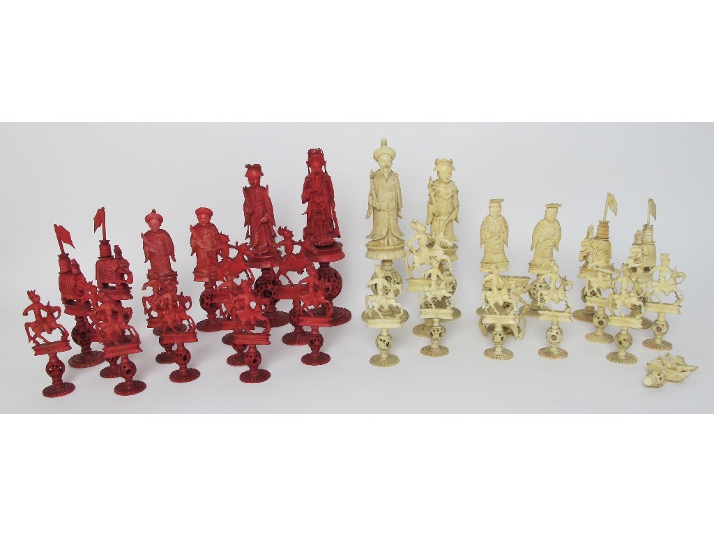 Appraisal: A Chinese export carved ivory chess set modelled as mandarins