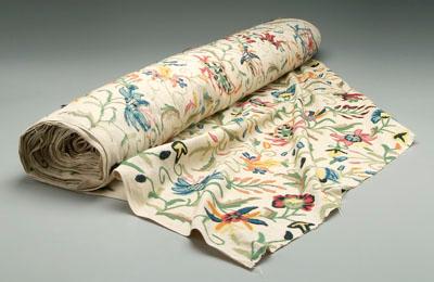 Appraisal: Crewelwork cloth repeating floral and leaf motifs on muslin ground