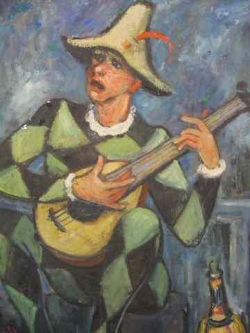 Appraisal: Elmer Kovnes-Kezdi Oil on Canvas harlequin with mandolin wine bottle