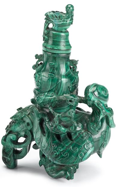 Appraisal: Large Chinese carved malachite covered phoenix vase The domed cover