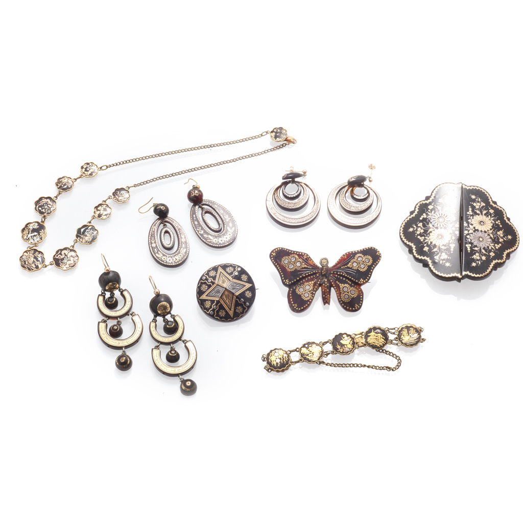 Appraisal: A collection of tortoiseshell and pique work jewellery to include