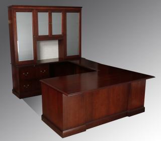 Appraisal: Contemporary mahogany executive grouping Contemporary mahogany left hand return executive