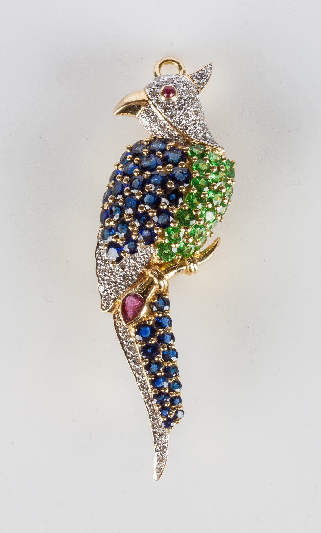 Appraisal: K Gold Diamond Gemstone Parrot Pendant Rubies emeralds sapphires