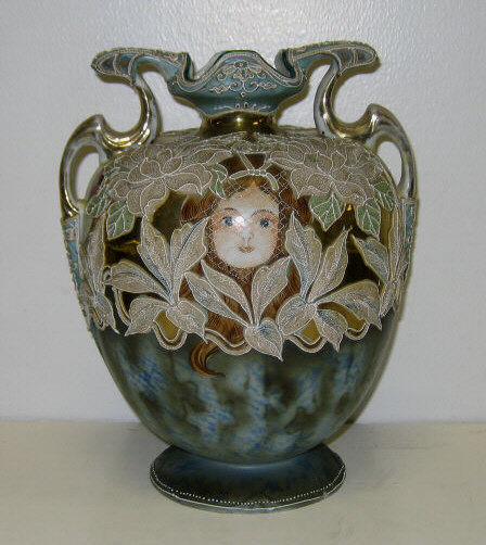 Appraisal: RARE NIPPON PORCELAIN MORIAGE PORTRAIT VASE Two-handled baluster form with