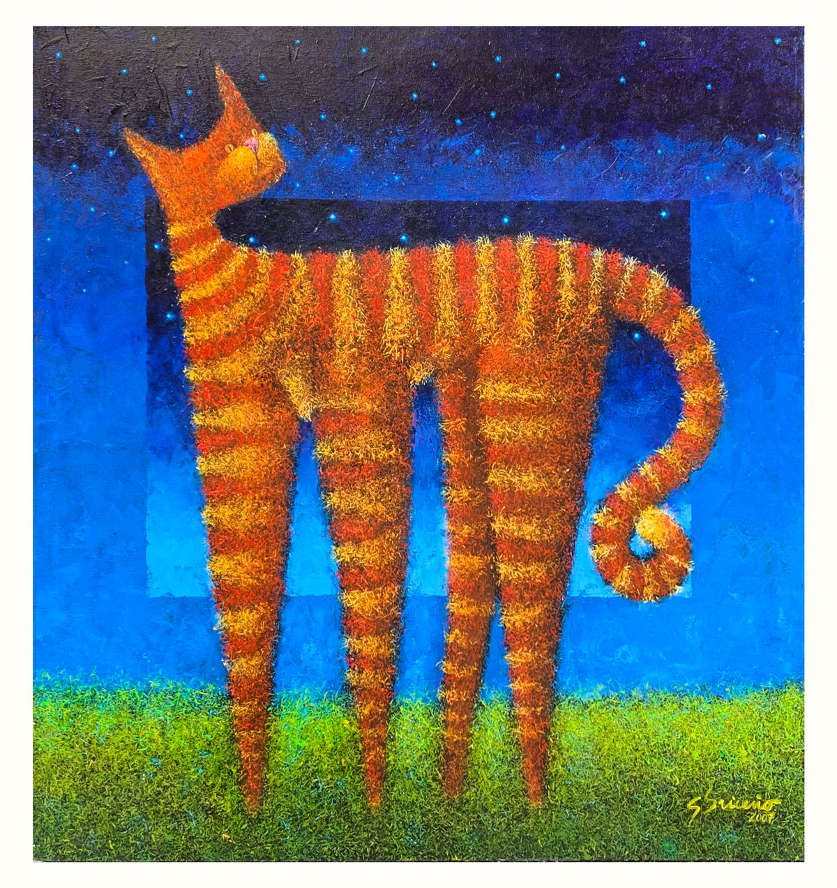 Appraisal: LARGE SURREAL CAT PAINTING BY GUSTAVO BRICENO ''Gato De Dos