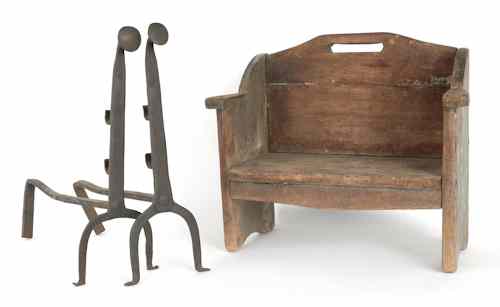 Appraisal: Pair of wrought iron andirons th c together with a