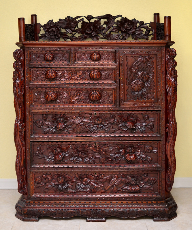 Appraisal: PROFUSELY CARVED JAPANESE RED WOOD TALL CHEST From the original