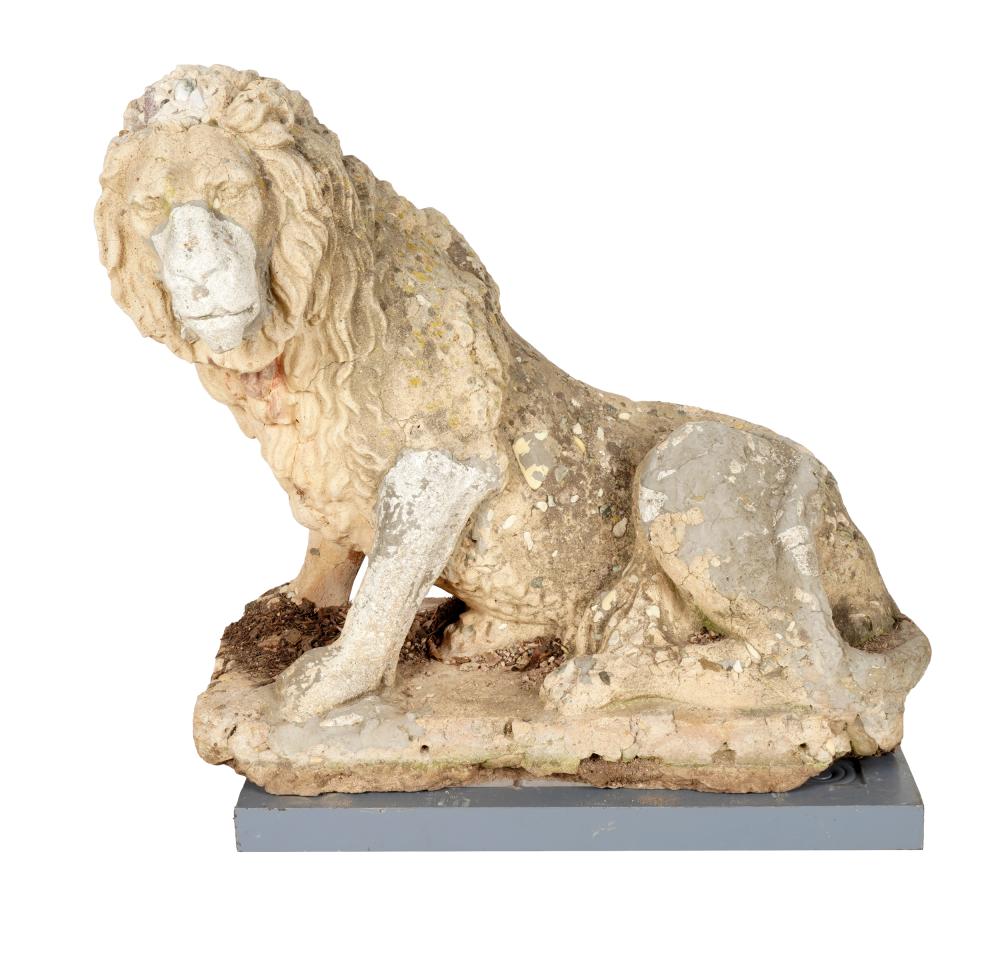 Appraisal: LION GARDEN STATUEstone and cement Provenance The Jim Belushi Collection