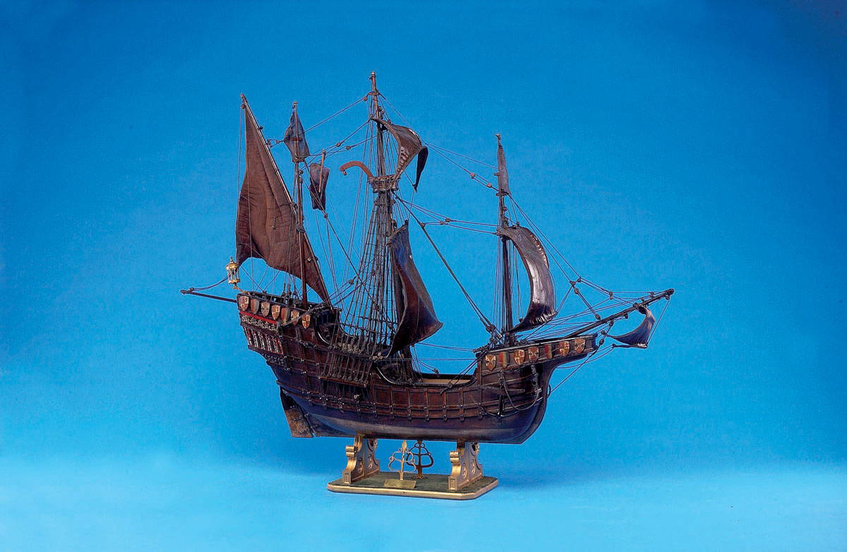 Appraisal: LARGE RIGGED CARVED AND POLYCHROME PAINTED SCALE MODEL OF THE