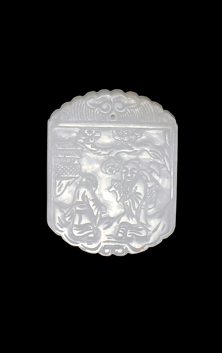 Appraisal: WHITE JADE PENDANT In modified rectangular form Carved with sages