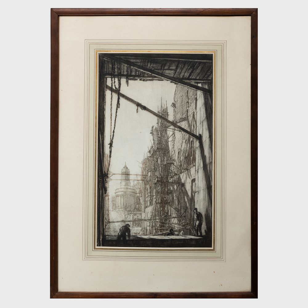 Appraisal: David Muirhead Bone - The Great Scaffold Pencil ink and