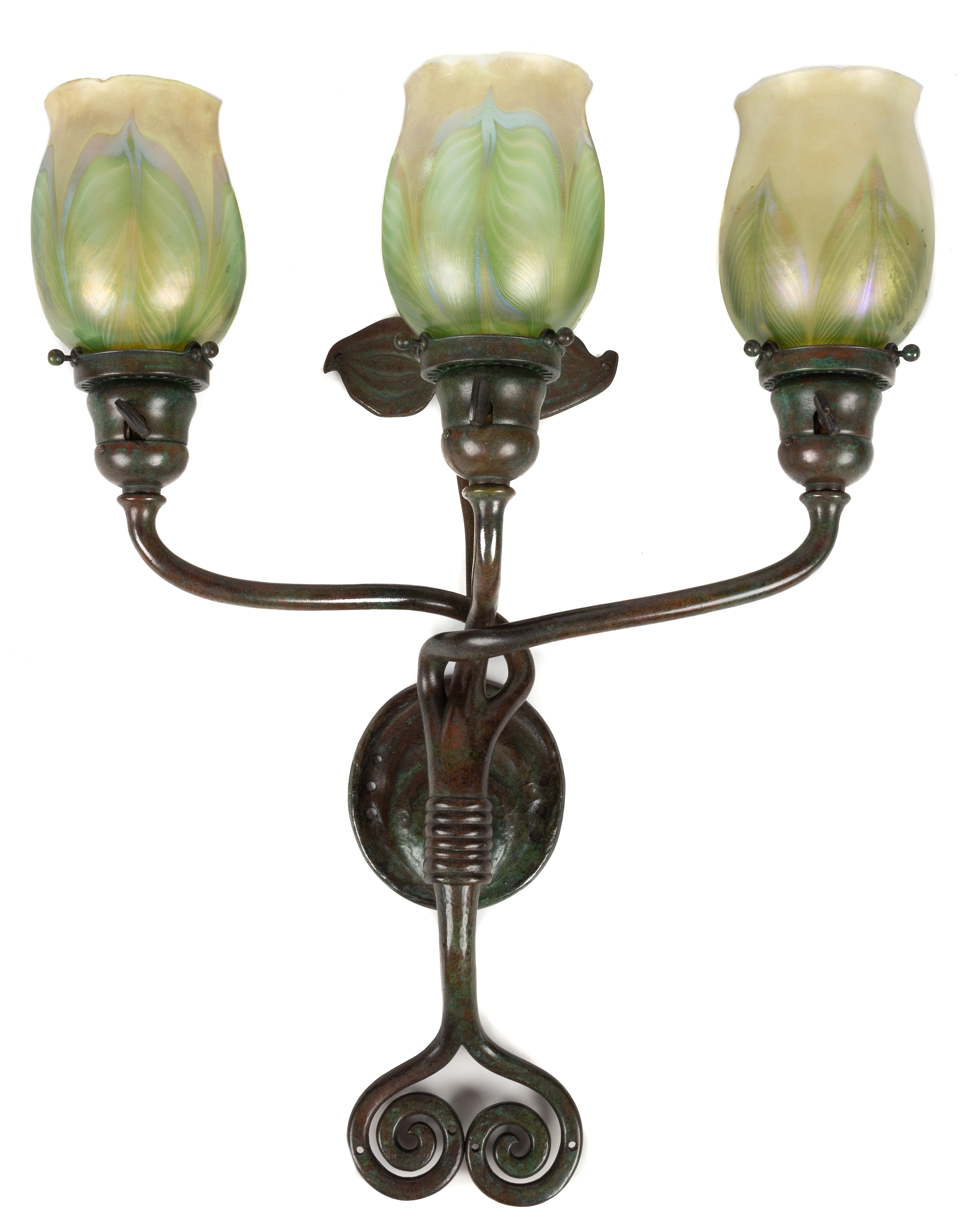 Appraisal: RARE TIFFANY STUDIOS NEW YORK BRONZE THREE ARMED WALL SCONCE